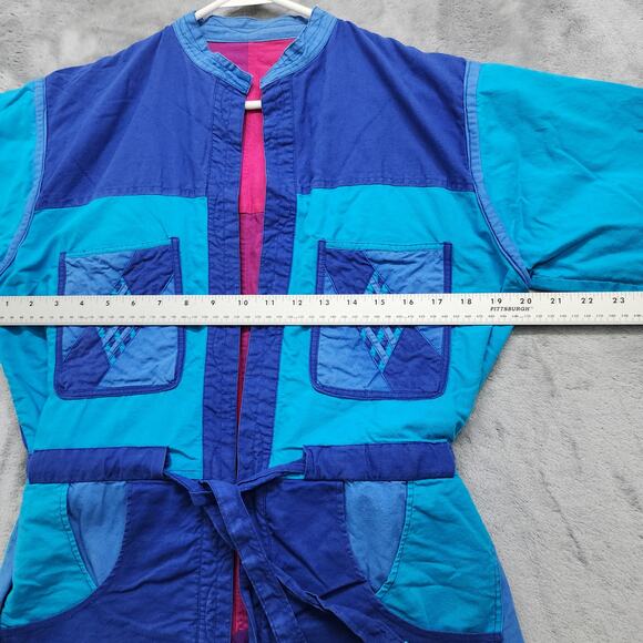 Vintage Jacket Womens M Pink Blue Nepal Reversible Packable Patchwork Belted - Picture 14 of 16